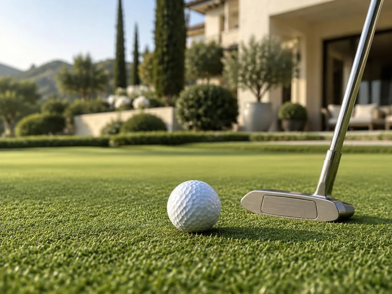 Golf ball and putter on premium putting turf