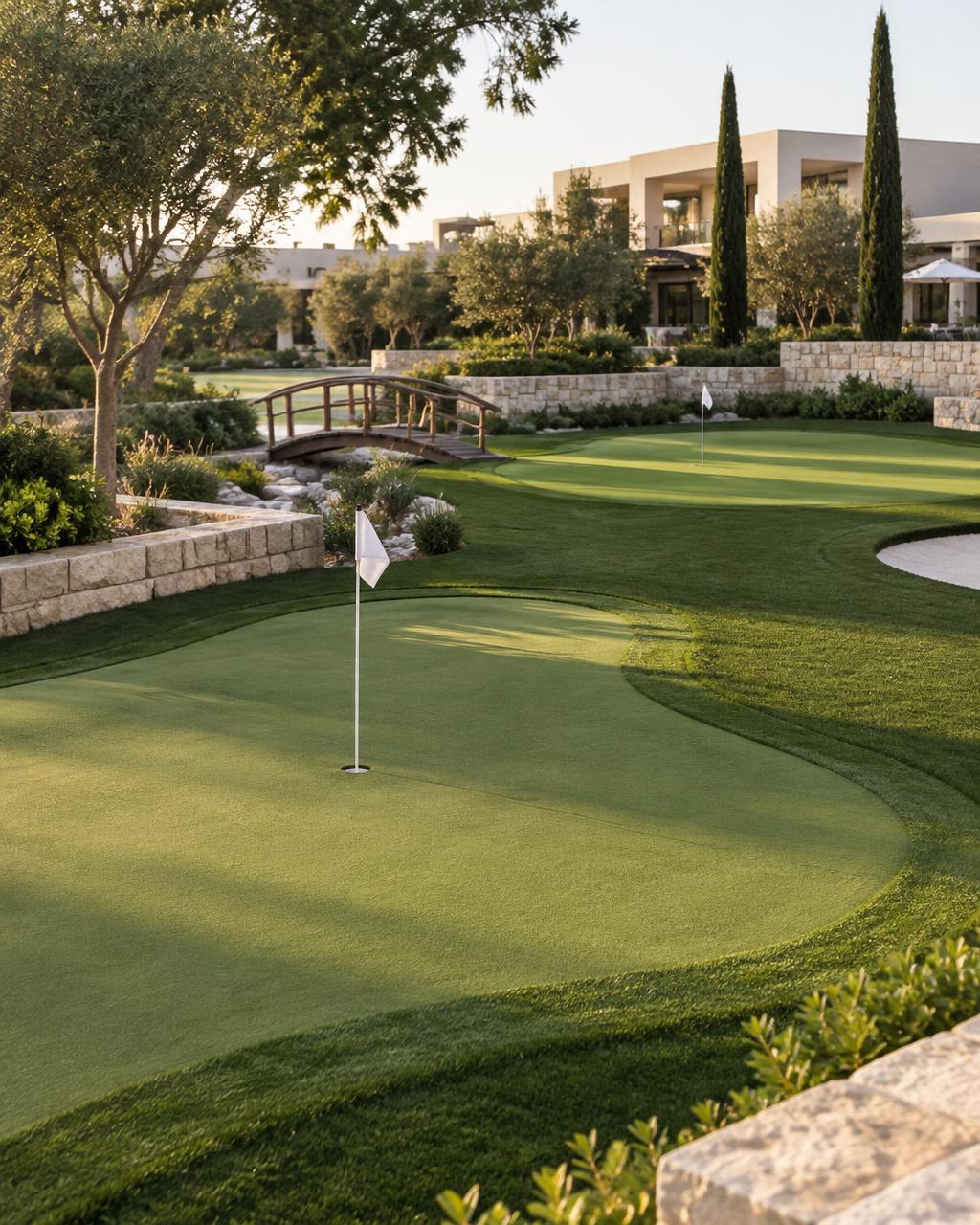 Resort mini golf greens with a chipping area, stonework and timber bridge