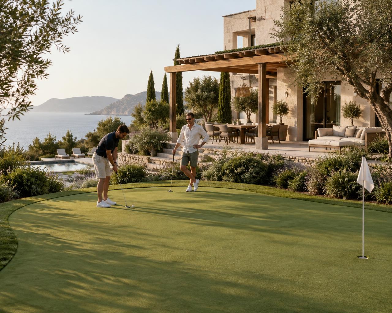 Friends enjoying a finished private villa putting green
